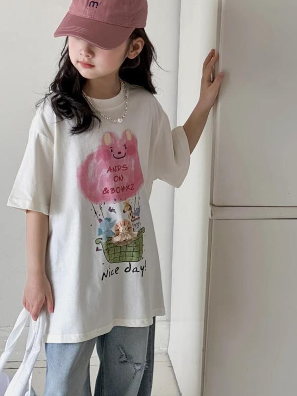 女の子 Tシャツ 半袖 トップス 綿 100% 夏 親子 お揃い かわいい カード 柄 字母 プリント 丸首 柔らか素材 保暖 機能 米白 日常着 通学用 遊び着 120-170cm 対応