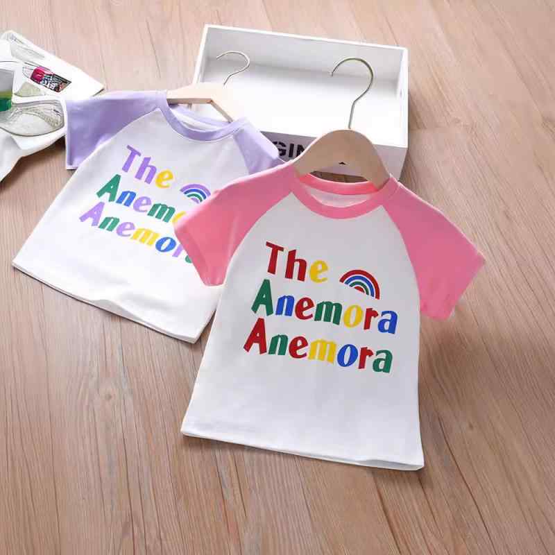女の子 Tシャツ 短袖 夏 トップス 綿 素材 かわいい ピンク 紫 丸首 字母 プリント 子供 服 3-8歳 対応 90-140cm 身長 対応 日常 遊び着 軽やか 通気性 好感 デザイン 人気 スタイル