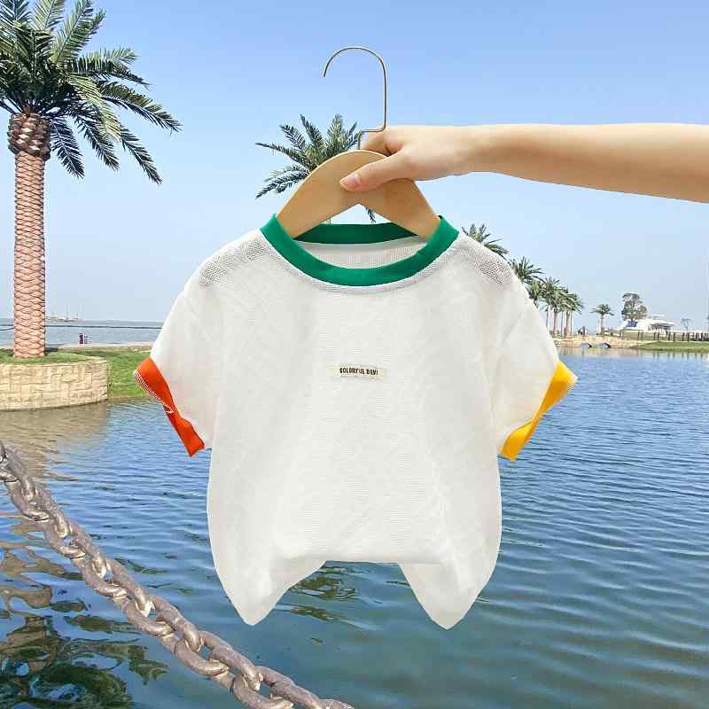 男の子 Tシャツ 夏 短袖 薄手 子供 かっこいい 網目 通気性 上着 綿 90 吸湿排汗 白色 柔らかい 印花 字母 柄 丸首 3-8歳 100-140cm 普段着 遊び着 軽量 伸縮性