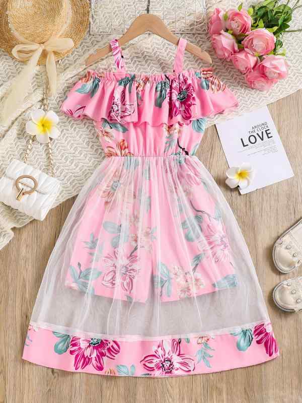 女の子 ワンピース 夏 春 雪? プリント 吊り帯 フレア スカート かわいい 花柄 ポリエステル 軽量 柔らかい 黒 白 ピンク 通気性 ガーリー プリンセス スタイル 子供服 トップス ドレス 半袖なし 膝丈 日常使い(x3)