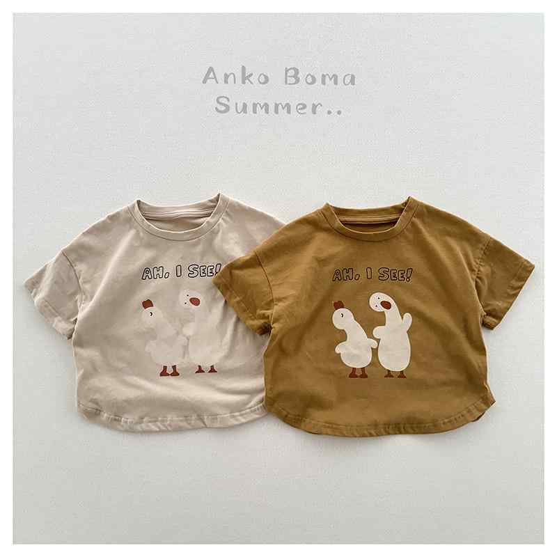 Tシャツ 男の子 女の子 夏 短袖 半袖 丸首 綿 柔軟 かわいい ・柑通 鴨柄 印花 土色 白