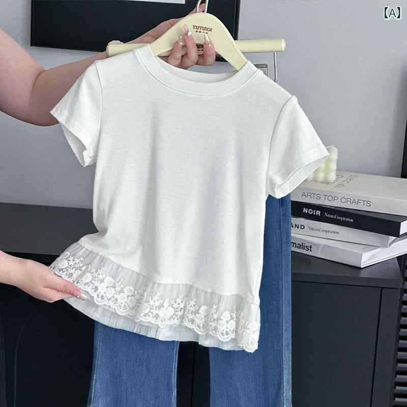女の子 Tシャツ 短袖 夏 トップス 綿 吸湿排汗 柔軟素材 かわいい 親子 コーディネート レース 切り替え デザイン 丸首 純色 日常使い 遊び着 女児 服装 軽量 快適 シンプル スタイル