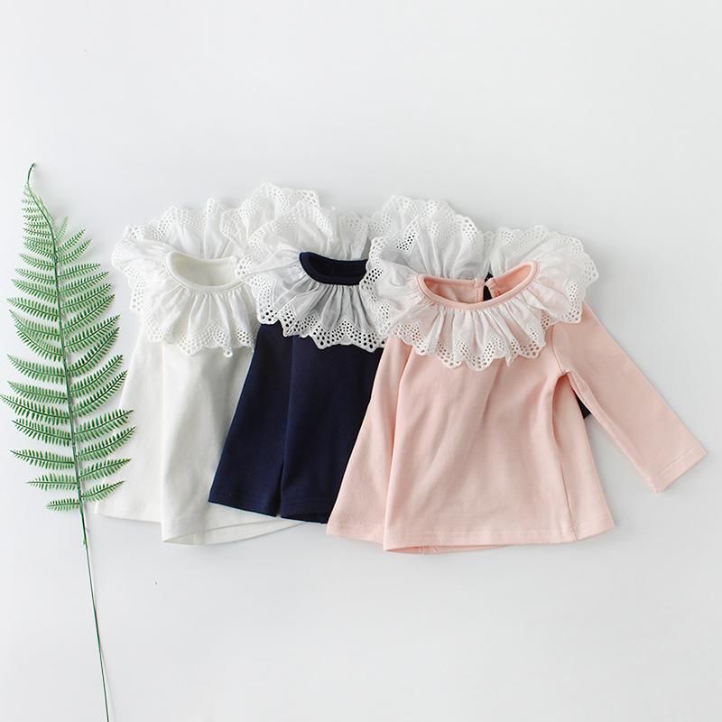 女の子 長袖 Tシャツ ベビー トップス 綿 磨毛 花辺 襟 春秋 米白 ?粉 藏青 プリンセス 抗静電 ゆったり 柔らかい 肌触り 日常使い