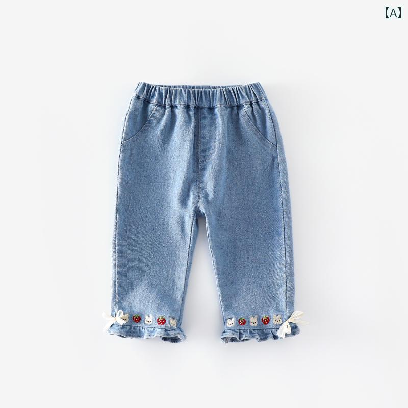 キッズ 牛仔パンツ 女の子 男の子 秋冬 長ズボン コットン ポリエステル スパンデックス ミックス 素材 伸縮性 柔らか 処理 韓国風 秋装 ストロベリー ラッパ フレア デザイン 潮 スタイル 中腰 ゴム ウエスト ベビー 子供服 ユニセックス 3-