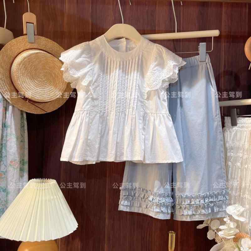 女の子 夏用 デニムパンツ 薄手 防蚊 森ガール 透気性 レース 縁 休? ストレート ワイド レッグ ズボン 韓国風 綿 素材 柔軟 処理 九分丈 中腰 ゴム バンド 浅青 色 3-8歳 100-140cm 適合