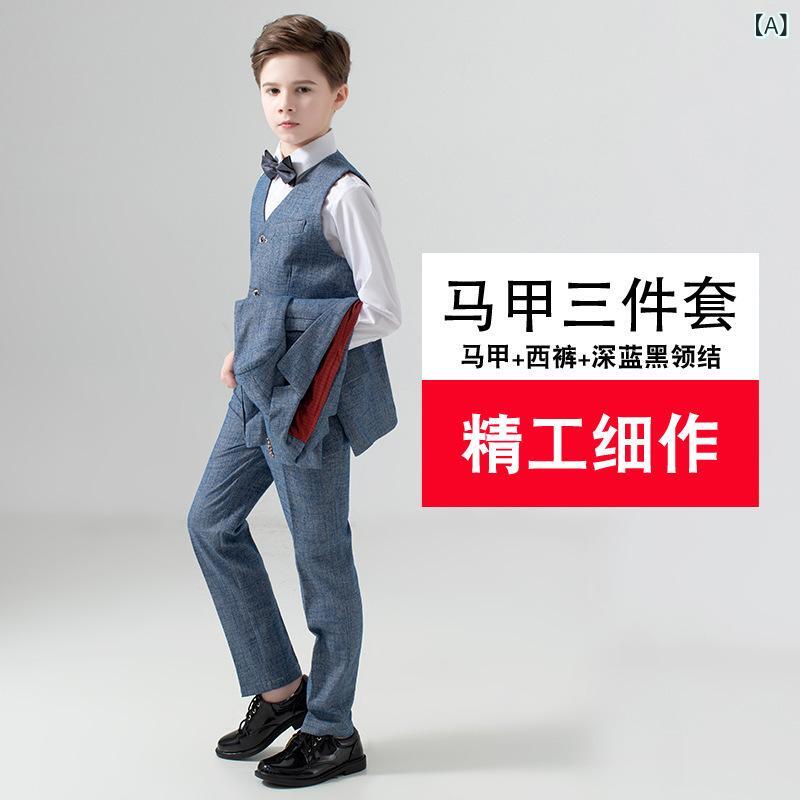男の子 礼服 西装 セット 3点 英倫スタイル 青 馬甲 長ズボン ネクタイ 子供 演出 服装 表演 服 醋酸繊維 混紡 麻 裏地 褶皺加工 コーティング 剪毛 酵素洗 英倫 要素 オールシーズン｜LiLishop6