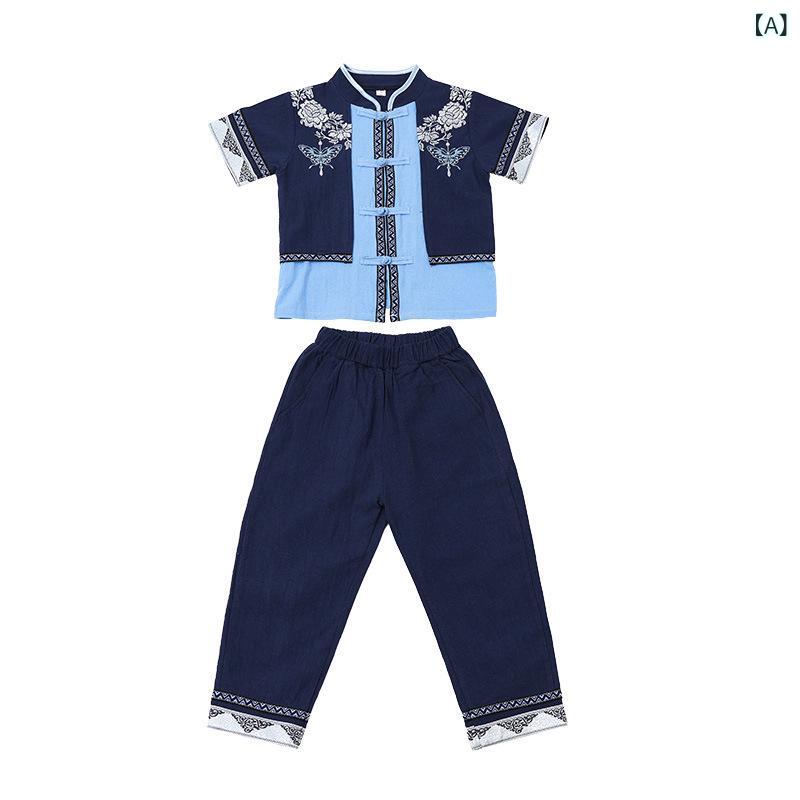 キッズ ダンス衣装 男の子 女の子 中国風 刺繍 少数民族風 壮族 ?族 踊り 幼稚園 発表会 夏 短袖 開衫 九分丈パンツ 薄手 綿混 ポリエステル 柔らかい セット 2点組 ネイビー 黒 青 赤 緑
