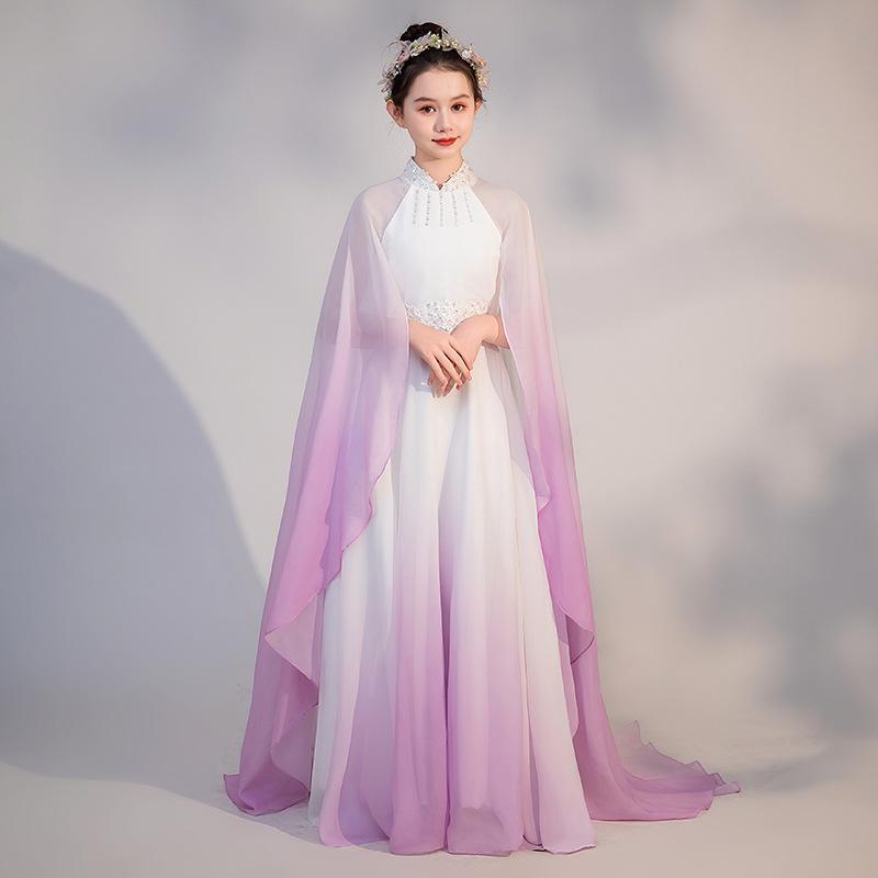 女の子 演出服 子供 礼服 中国風 グラデーション ショール 古筝 ピアノ 演奏 パフォーマンス 誕生日 司会 ランウェイ セットアップ レース 切り替え 網? ピンク 赤 麻混紡 ポリエステル ライニング 春夏 秋冬 オールシーズン かわいい 軽量 通｜LiLishop6