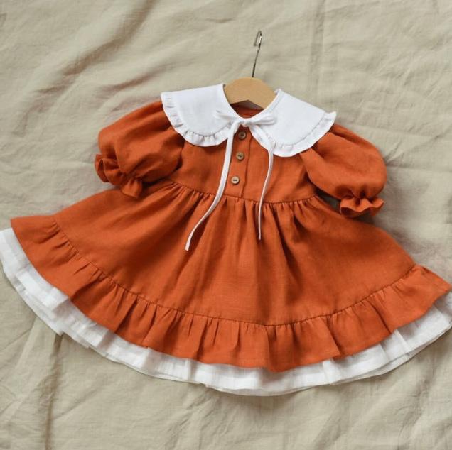 女の子 ワンピース ロリータ風 JKスタイル 荷葉辺 襟 プリンセス 袖 綿麻 素材 柔らかい 生地 Aライン スカート かわいい 要素 純色 オレンジ 春夏 オールシーズン 対応 1-3歳 90-140cm 女児 ドレス フレア 袖 プリンセスドレス