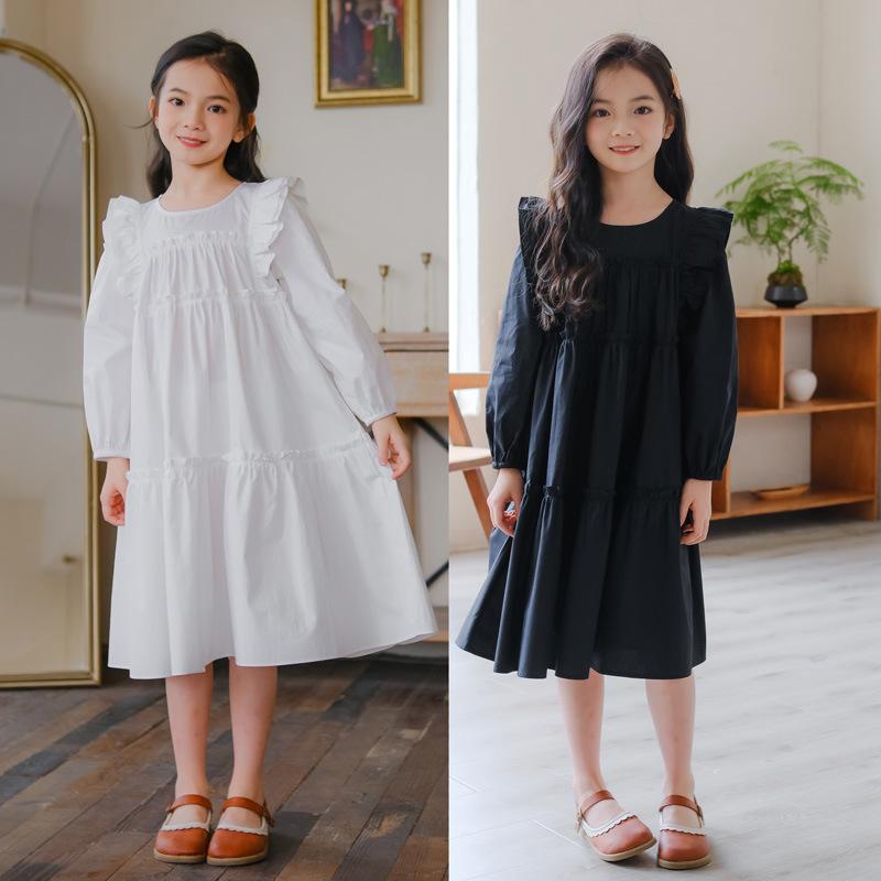 女の子 ワンピース 秋 長袖 コットン 100% 荷葉縁スカート 純色 花柄 親子装 黒 白 春秋 中大童 8歳以上 140cm以上 剪毛加工 安全 B級 実物撮影 模特着用 120cm 130cm 140cm 150cm 160cm 165cm ガーリ
