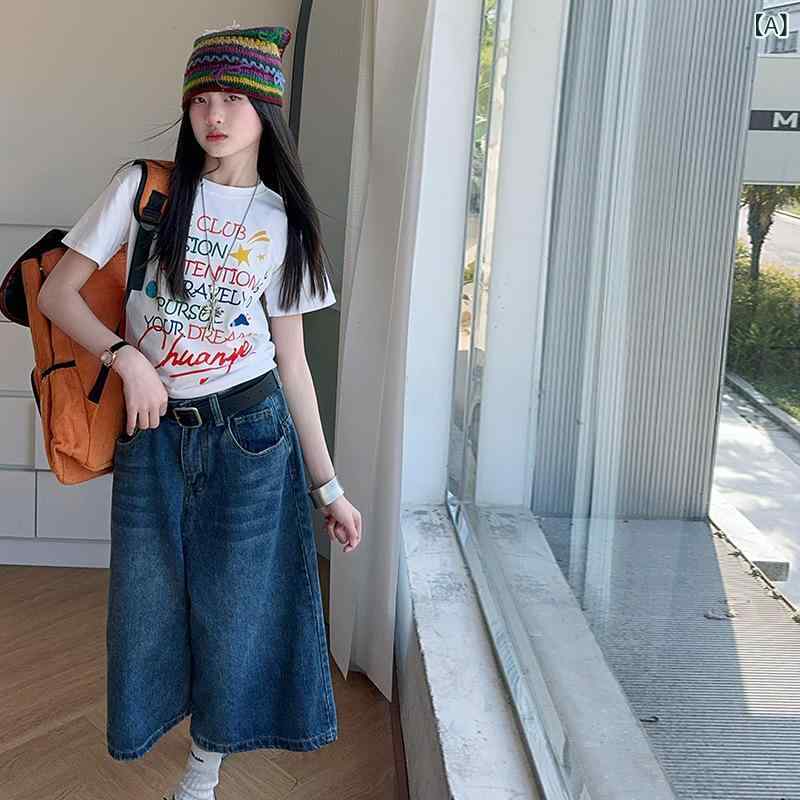 女の子 夏服 セットアップ 韓流 プリント 短袖 トップス デニム 七分丈パンツ 綿 レーヨン混 柔らかい 薄手 120cm 130cm 140cm 150cm 160cm 170cm 普段使い カジュアル