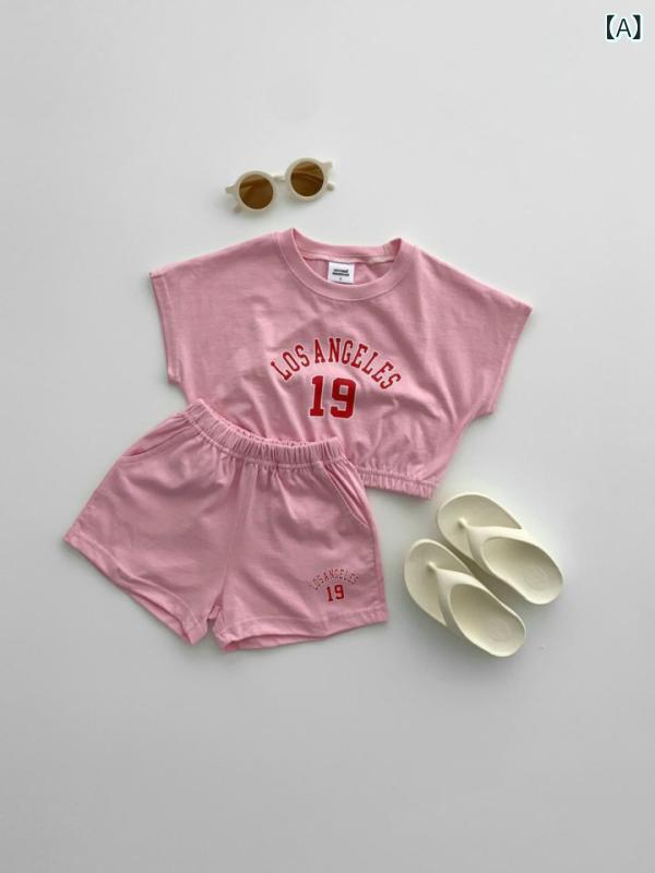 女の子 夏服 韓流 子供服 セットアップ トップス 短袖 Tシャツ 短パン 2点セット 薄手 綿素材 柔らかい 生地 純色 プリント 字母 柄 ピンク 黒 かわいい 姫 風