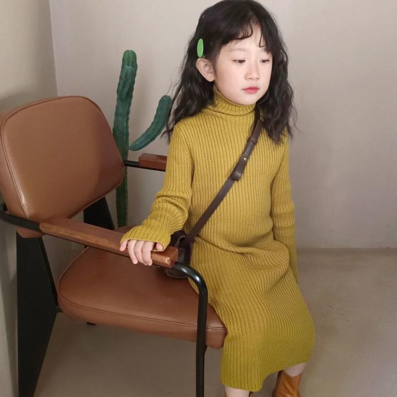 女の子 ワンピース ニット 高領 毛衣 中長款 打底 セットヘッド 秋冬 韓版 ファッション 純色 長袖 柔軟 加工 ポリエステル繊維 綿 裏地 緑 黄 黒 米 赤 青 灰 紫 茶 白 90cm 100cm 110cm 120cm 130cm 140cm