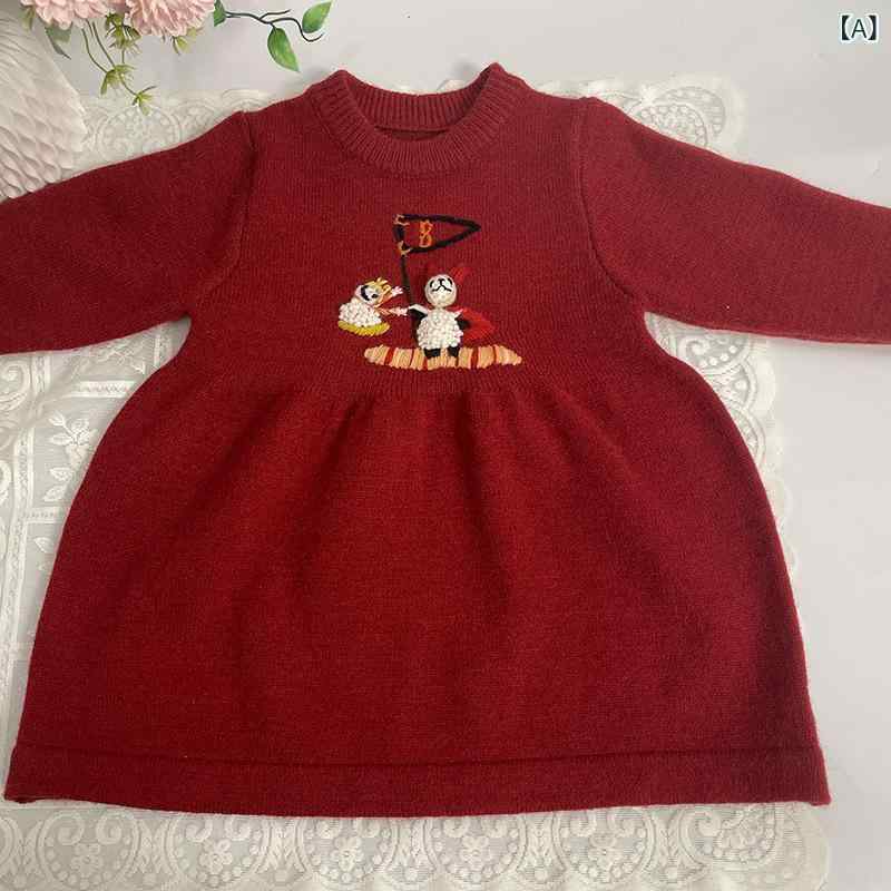 女の子 ワンピース ニット 秋冬 長袖 プリンセススカート 手刺繍 クマ柄 かわいい 赤 杏色 コットン アクリル 3-8歳 80-130cm 日常着 室内着 寒さ対策 暖か素材 かわいいプリント 女の子服 秋冬コーデ 赤ワンピース 杏色ワンピース ニッ