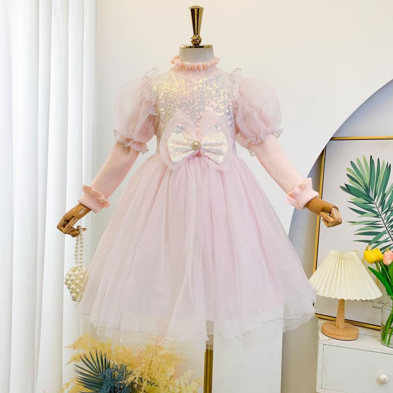 女の子 ワンピース 秋冬 長袖 プリンセス スカート 綿 ポリエステル レース 蝶結び 光沢 フレア シルエット かわいい デザイン 純色 女児 8歳以上 中大童 春秋冬 暖か 素材 裏地 付き シンプル スタイル 日常使い 女の子 服 韓国風