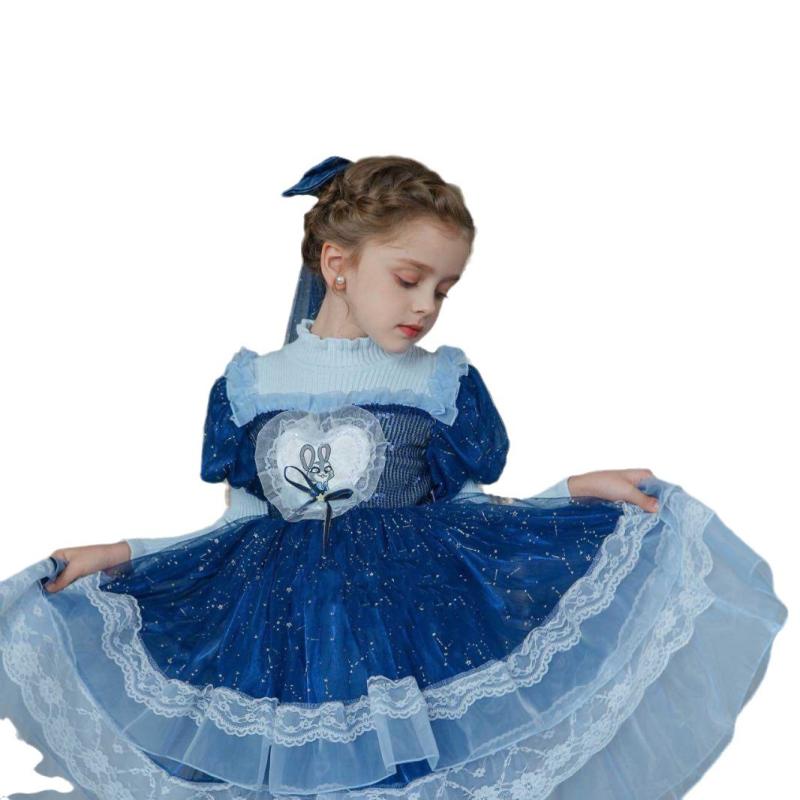 女の子 ワンピース 秋冬 長袖 プリンセス スカート 綿混紡 ポリエステル 柔らかい かわいい 蓬蓬 スカート 切り替え スカート 裾 ブルー カラトン パターン 3～8歳 女の子 普段使い 部屋着 秋冬 キッズ 女の子 服 かわいい スタイル 長袖 ワ