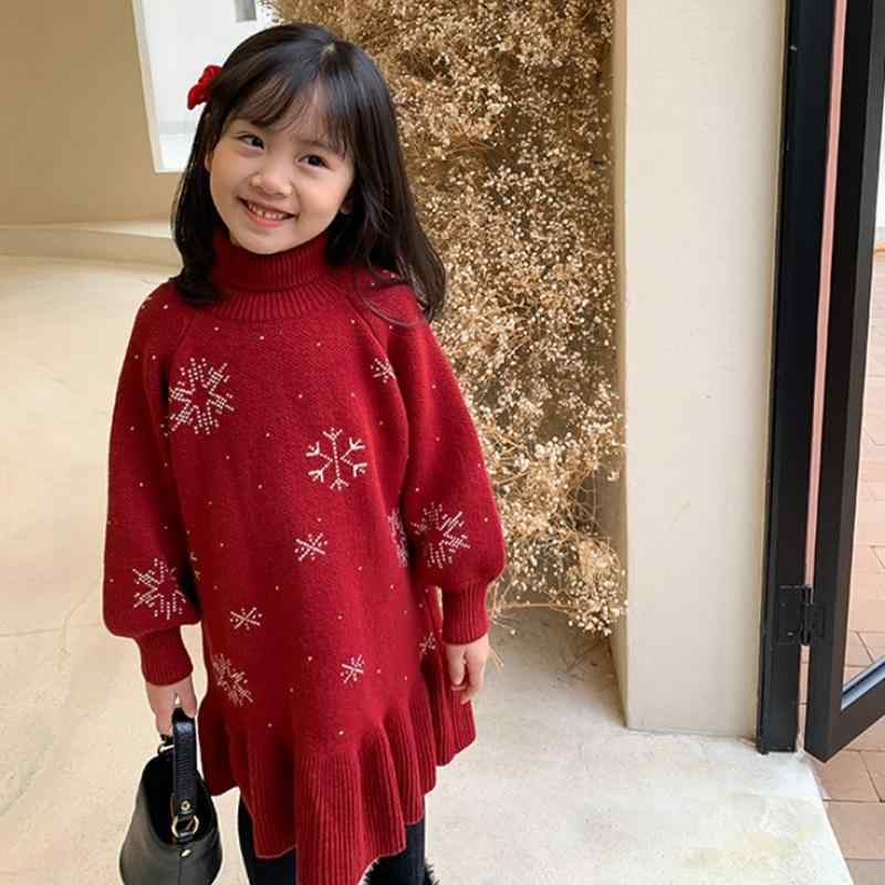 女の子 ワンピース 秋冬 長袖 ハイネック ニット セーター スカート 赤 綿混 ポリエステル 柔らか 暖か プリンセススカート かわいい ファッション 子供服 中小童 3-8歳 90-140cm 純色 長丈 トレンド ストリート 日常使い コットン ポ