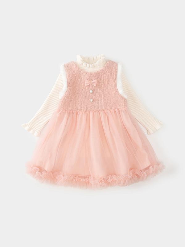 女の子 ワンピース 秋冬 セット 1-4歳 ベビー スカート 毛線 打底衫 背心 チュールスカート プリンセス スカート 柔軟 処理 ポリエステル 繊維 純色 スプライス デザイン 暖か レイヤード コーディネート 幼児 女児 冬 服 秋服 吊り帯 スカ