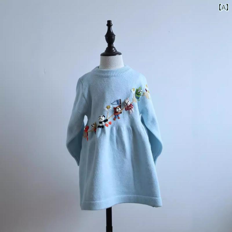 女の子 ワンピース 秋冬 長袖 ニット プリンセススカート 手刺繍 クマ柄 かわいい コットン 混紡 綿 生地 柔らか 暖か 潮范 スタイル 中国風 デザイン ブルー 色 3-8歳 中小 童 80-130cm 身長 対応 日常 着用 女児 服 秋 冬 春