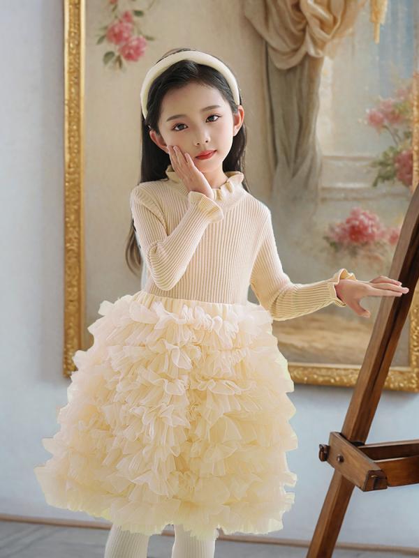 女の子 ワンピース 秋冬 純色 毛衣 網紗 切り替え プリンセス スカート 柔軟 ポリエステル 杏 赤 粉 春秋 冬 90-150cm