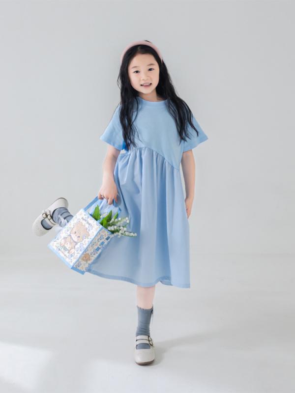 女の子 ワンピース ニット 切り替え 親子 デザイン 純色 Aライン コットン 100% 短袖 春夏 春秋 夏 シーズン ブルー かわいい 軽やか 日常使い
