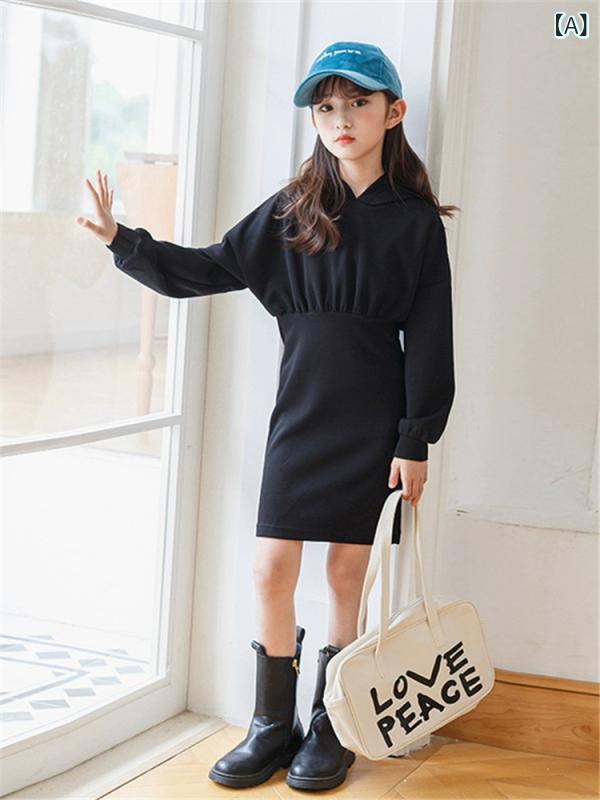 女の子 ワンピース 秋 連帽 包臀 A字 コットン ニット 柔軟 黒 長袖 潮 親子 韓風 ファッション 春秋 子供服 女児 トップス ドレス スカート 日常 学校 遊び 伸縮 軽量 通気 ベーシック シンプル スタイリッシュ 快適 肌触り 良い 成長期