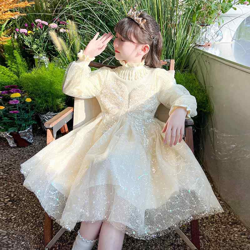 女の子 ワンピース 秋冬 ニット プリンセス スカート 長袖 Aライン 香? かわいい 純色 コットン 混紡 ポリエステル 繊維 フレア プリーツ 加工 春秋冬 誕生日 パーティー ドレス 子供 服 ドレス ガールズ プリンセスドレス ニットワンピース