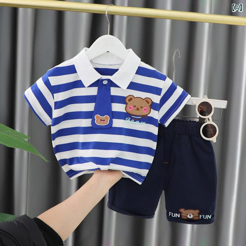 キッズ 男の子 夏服 セットアップ スタイリッシュ 短袖 ポロシャツ ショートパンツ 2点セット 赤ちゃん かっこいい コットン 柔らかい 薄手 動物柄 ストライプ 柄 カートゥーン 柄 アルファベット柄 運動 スタイル かわいい トレンド スタイル 夏