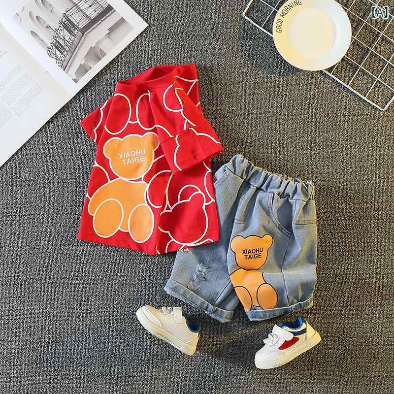 キッズ 男の子 短袖 セットアップ 綿 トップス 長ズボン 夏 赤 黒 白 動物 柄 かわいい 動きやすい 柔らかい 肌触り 1 3歳 ベビー 服 普段使い 遊び着 スポーツ スタイル シンプル デザイン 通気性 良い 軽量