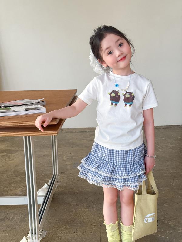 女の子 夏服 セット トップス スカート 短袖 Tシャツ 短い 薄手 綿 柔らかい 肌触り かわいい カードゥ 柄 夏 韓国風 女児 3～8歳 ベビー 子供服 セットアップ 軽量 通気性 日常使い ピンク ブラウン ベア プリント フリル レイヤード 花