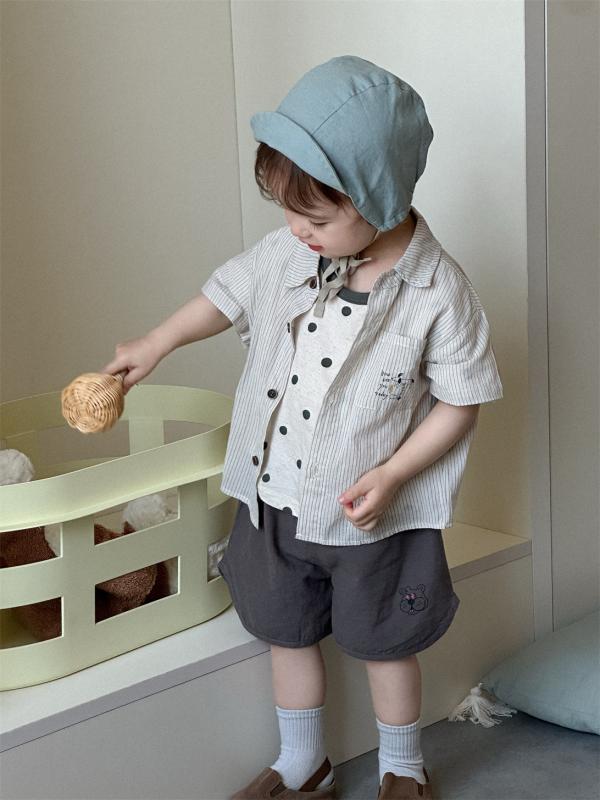 男の子 キッズ 夏服 薄手 綿 素材 短袖 シャツ Tシャツ 短パン セット 2点 セット ポルカドット 柄 ストライプ 柄 茶色 かわいい 親子 お揃い 韓国風 1-3歳 73-110cm 柔らかい 肌触り 通気性 軽量 日常着