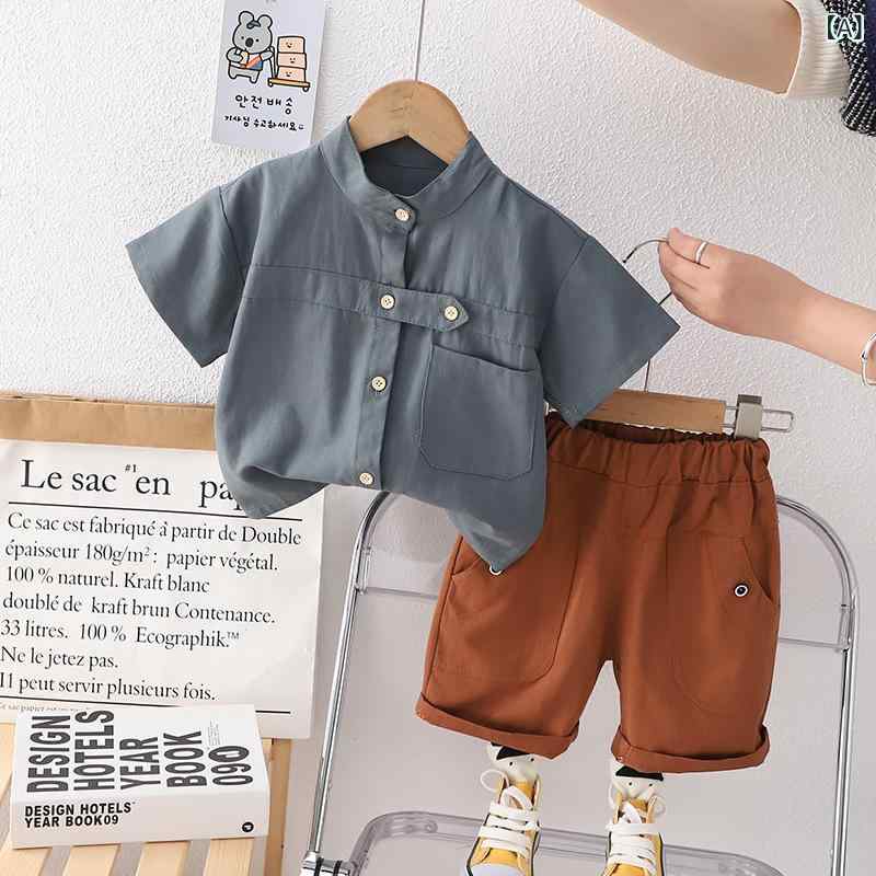 キッズ 男の子 セットアップ 夏服 短袖 ボタンシャツ 短パン 2点セット 綿素材 柔らか 薄手 純色 深緑 ・柑其 かわいい 休? 1-3歳 80-120cm