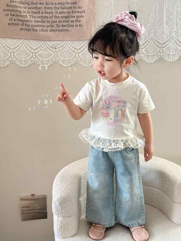 女の子 服 短袖 セットアップ 夏 服 綿 素材 薄手 柔らかい 肌触り 長ズボン 牛仔 刺繍 デザイン カード プリント かわいい 花柄 アクセント トップス ボトムス 組み合わせ 日常使い 遊び着 1-3歳 女児 夏服 キッズ コーディネート 快適