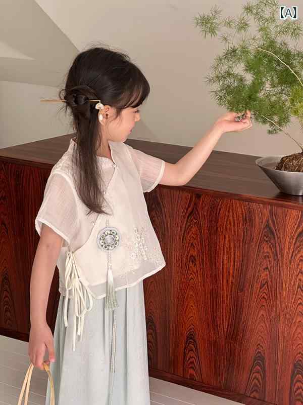 女の子 チャイナドレス セット 夏服 短袖 綿素材 かわいい 刺繍 流蘇 スカート トップス 柔らかい 肌触り 3-8歳 90-140cm 女の子服 夏 子供服 伝統柄 軽量 コットン95% 半身スカート 古風 潮感 女児 セットアップ ワンピース風 ソ