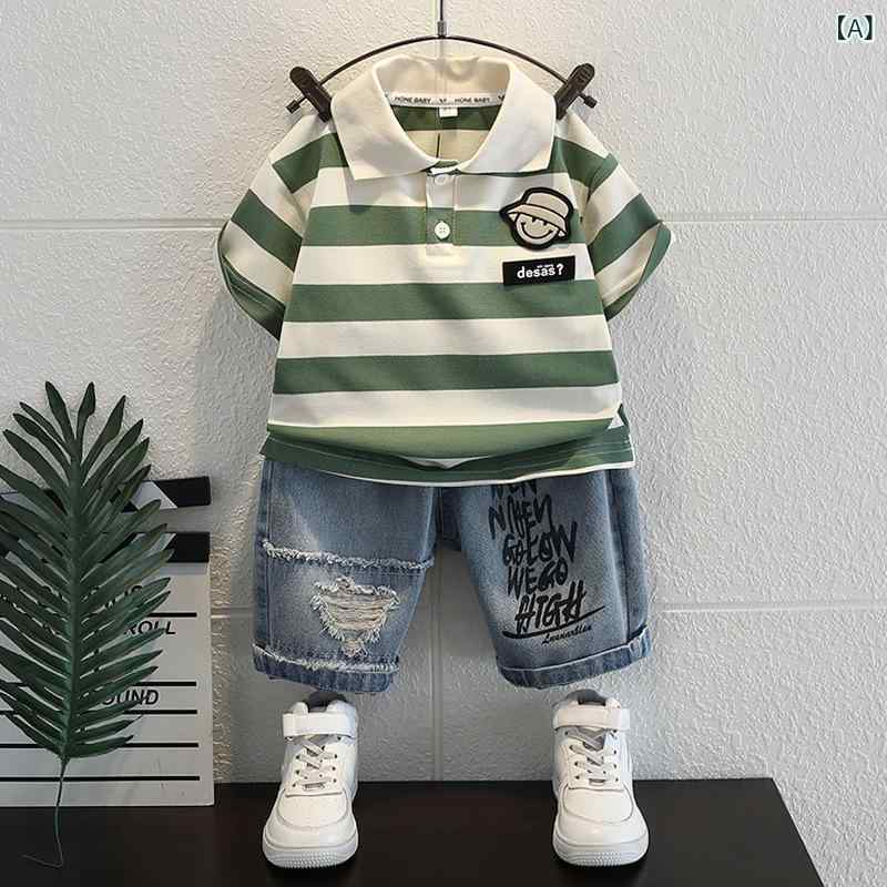 男の子 服 夏 短袖 セットアップ ポロシャツ トップス パンツ 綿 柔らかい 薄手 条紋 柄 緑 黒 1-3歳 6ヶ月 1歳 2歳 3歳 赤ちゃん 子供 普段使い 涼しい 軽量 ストリート ファッション かわいい ベビー ボーイ キッズ 男児 夏服 ス