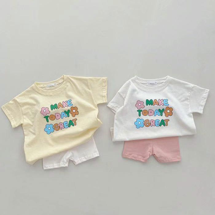 ベビー トップス 短袖Tシャツ セット 短パン 男の子 女の子 綿 柔軟素材 薄手 夏用 アルファベット柄 浅黄 白色 ピンク
