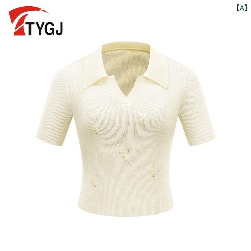 レディース POLOシャツ 米白色 刺繍 小花 接触冷感 ニット 高ゴルフ 高腰 短袖 Tシャツ 女性用 ポリエステル 粘液繊維 40% 杏色 緑 青 均一サイズ ランニング フィットネス ゴルフ 球技｜LiLishop6