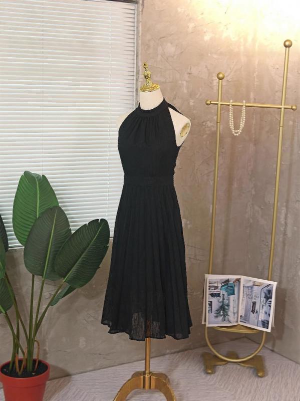 ワンピース レディース 吊り紐 気質 スリム 収腰 ハングネック プリーツ 中長丈 黒 夏 海辺 リゾート 復古風 単品 無袖 高腰 拉? ポリエステル 純色 温度定型 文? スタイル｜LiLishop6