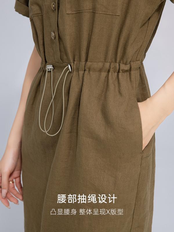 ワンピース レディース 夏 麻 素材 Aライン ロングスカート ルーズフィット 短袖 ラウンドネック 落とし肩 ドローストリング ウエスト 松腰 スリム効果 バックスリット ポケット 付き 切り替え デザイン 単品 組み合わせ オリーブ グレー 日韓 ス|LiLishop6