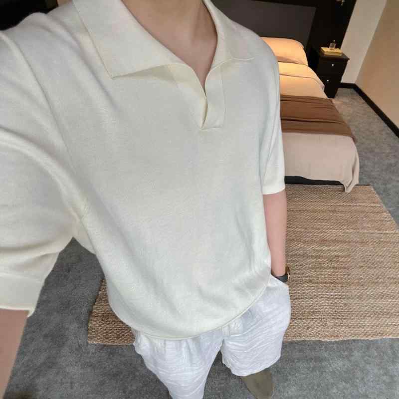 メンズ ポロシャツ 短袖 翻領 ニット トップス 純色 老?風 スタイル 男性用 紳士服 羊毛 ライクラ 米白 米色 米 ビジネス 夏 2025 機洗可能 高弾力 ワイドフィット 洗い加工 普通厚｜LiLishop6