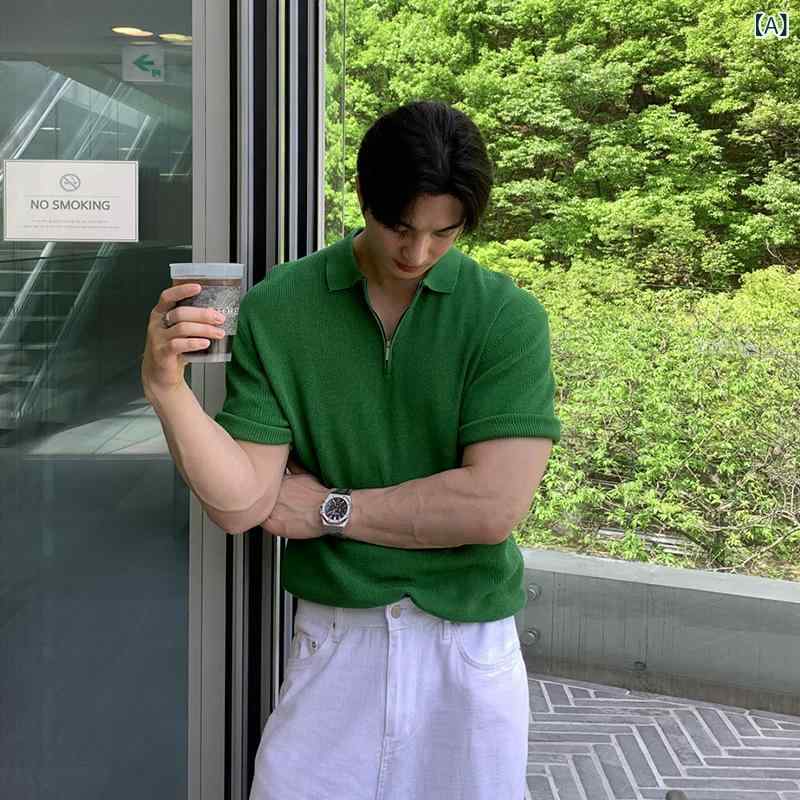 メンズ 編み物 トップス 短袖 夏 透気 韓国風 百搭 流行り 上張り ゆったり 綿織物混紡 ?? 薄っぺら 返り咲き緑 黒 白 クジャク青 兄ちゃん 休? 免?取り計らう