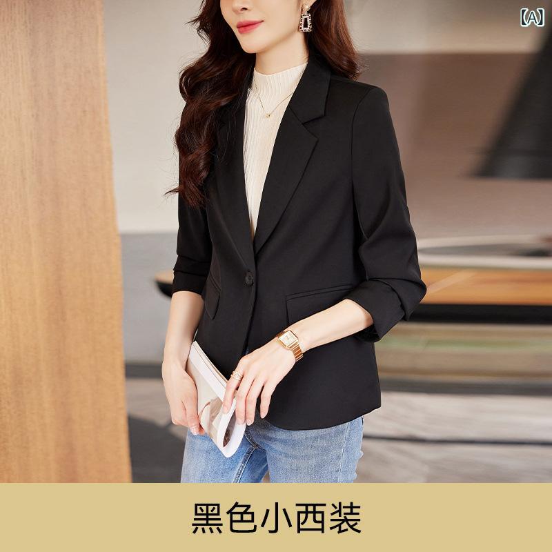 レディース 小西装 上衣 トップス 修身 長袖 西装領 後開叉 ひな型 韓流 表現スタイル 角袖巡査 冷やりとした ポリエステル 黒 ・柑其 緑 杏 オール時節 軽さ 研ぎあげる 流行り物