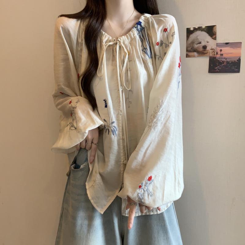 レディース プルオーバー トップス 長袖 刺しゅう シフォン 綿麻 広々とした影ぼうし ゆったり 杏色 軽熟風 御姐風 角袖巡査 名媛風 三春 ひな型 国風 広々としたズボン下相応う 微胖相応う 小個子相応う 軽さ 伸縮性 生まれ変わり衣料繊維 30%以下 流行り物 今めかしい ユニ