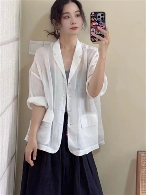 レディース 西装 上衣 ?麻 麻原材料 薄っぺら 防晒 夏用 返り咲き 文? 森系 広々とした ゆったり 濫りがわしい 相応う 心地好い 余暇 座標 汎用 長袖 シングル前胸部 名取り草 衣嚢 かざり付ける 白いこと 黄色 赤いこと 黒いこと 純色 普
