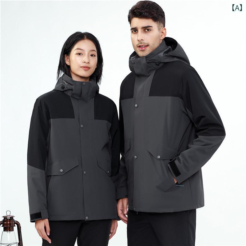 フード付き ジャケット メンズ レディース 3 in 1 防水 防風 耐磨 秋冬 登山 ハイキング キャンプ サイクリング フリースライナー 取り外し可能 ポリエステル コットン ローズ グレー イエロー ダークブルー ワイドフィット｜LiLishop6