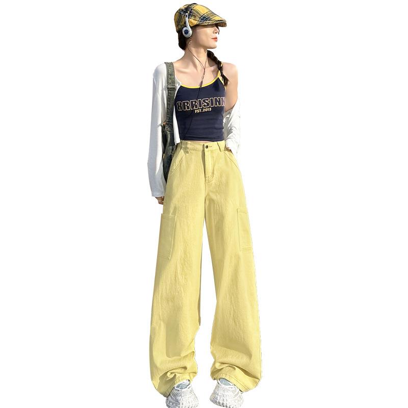 レディース ワイドパンツ 梨型身材向け ドーパミンカラ 松弛感 春季 コットン素材 基本款 ゆったりシルエット ロング丈 高腰 標準厚 3D立体柄 切り替えデザイン 日韓カジュアル シンプルスタイル 無弾性 菊霧黄 甘芥菜色 豚草緑 菊霧黄ロング 甘芥菜｜LiLishop6