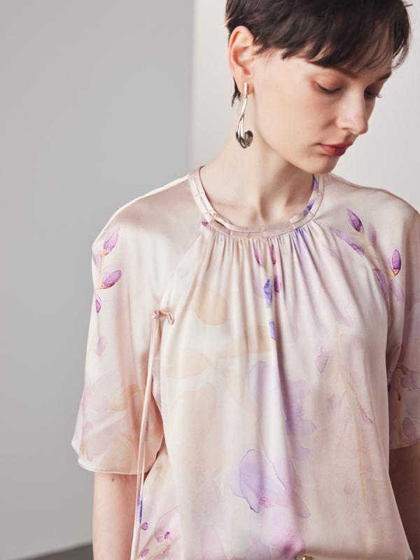 Tシャツ レディース 春夏 真? 短袖 丸首 花柄 プリント ワイドシルエット 通気性 気質 通勤 ピンクパープル ブルー グリーン 鳥 柄 優雅 スタイル 軽量 上品 トップス 綿混 紡績 シルク 風 デザイン 日常使い 花鳥風情 柄 ゆったり 着こな|LiLishop6