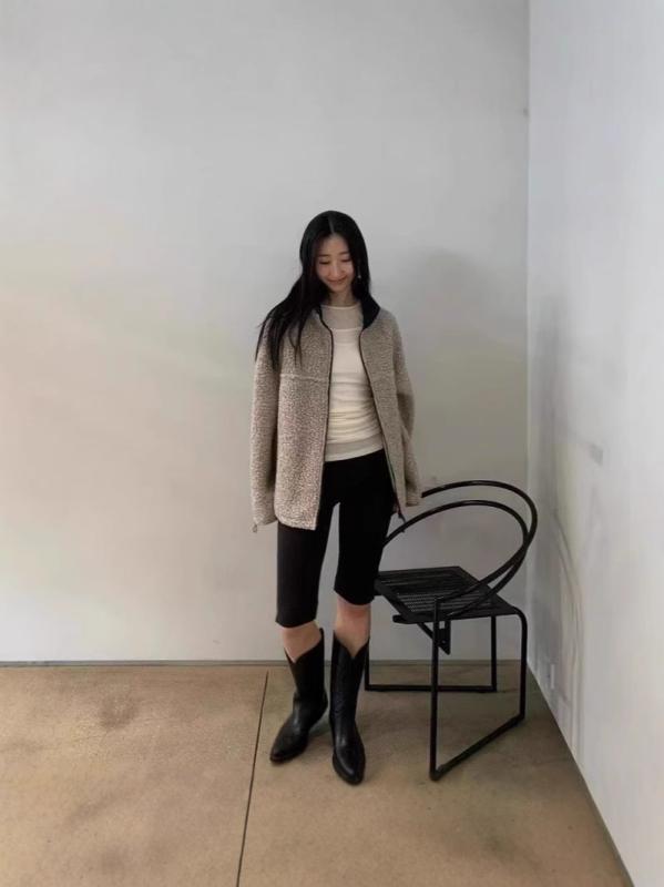 レディース 厚地の外套 毛織り 照明ランプ色つや ファスナー 韓国風 ゆったり 真っただ中丈 長袖 挿肩袖 絨毛 中厚 冬 秋冬 成年者 心地よい 情の籠もった 軽さ 黒いこと