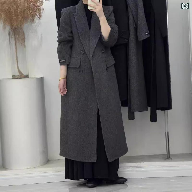 レディース ロング厚地の外套 毛糸 大衣 双排扣 西装? 長袖 酉の方角目じるし か細い 毛糸 朦々たる 広広とした ロング丈 100糎以上 ソリッドカラー 薄墨色 ベージュ 黒いこと 通い 精神状態 表現スタイル お手々お手伝いさん