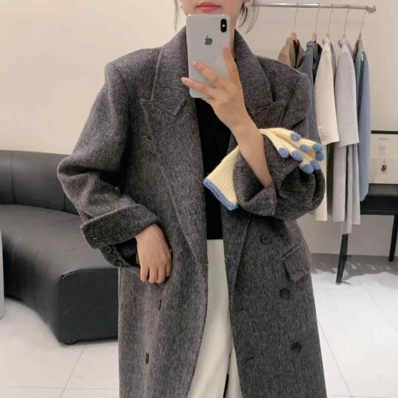 レディース 厚地の外套 毛糸 毛・希 ダブル乳ぶさ 薄墨色 人字紋 背広 通い 厚地の外套 黒 赤銅色 ベージュ 広広とした影ぼうし ロング丈 西装領 長袖 手縫い 秋冬 中厚 名取り草 精神状態 表現スタイル 95% 以上 毛糸 原料品 通い風 ニュートラルカラー 生あたたかい 軽さ